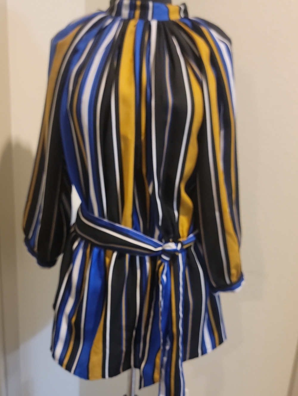 Ashley Stewart Striped High-Neck Blouse in Blue/Black/Gold 14/16